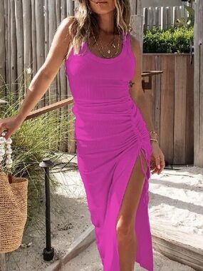 Chicme Pink Ruched Side-Slit Tank Dress